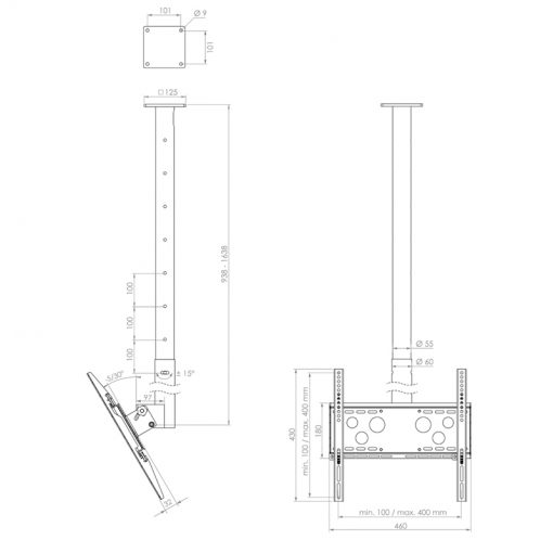 HAGOR HA DH 900 – 1600 S2704 | 32" - 50" | 400x400 | 50KG | Black | Deckenhalterung