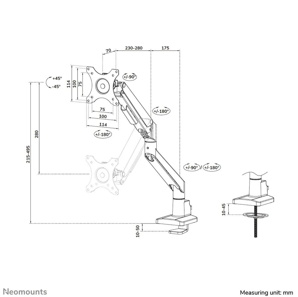 Neomounts DS70-250SL1 Monitorarm 17-35" - Gasfeder - Topfix - 180°-Stopp