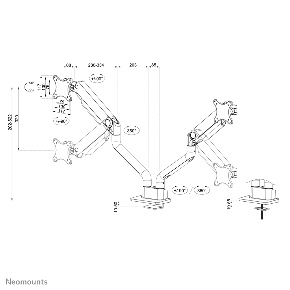 Neomounts DS70S-950WH2 Monitorarm 17-35" - Gasfeder - Topfix - 180°-Stopp