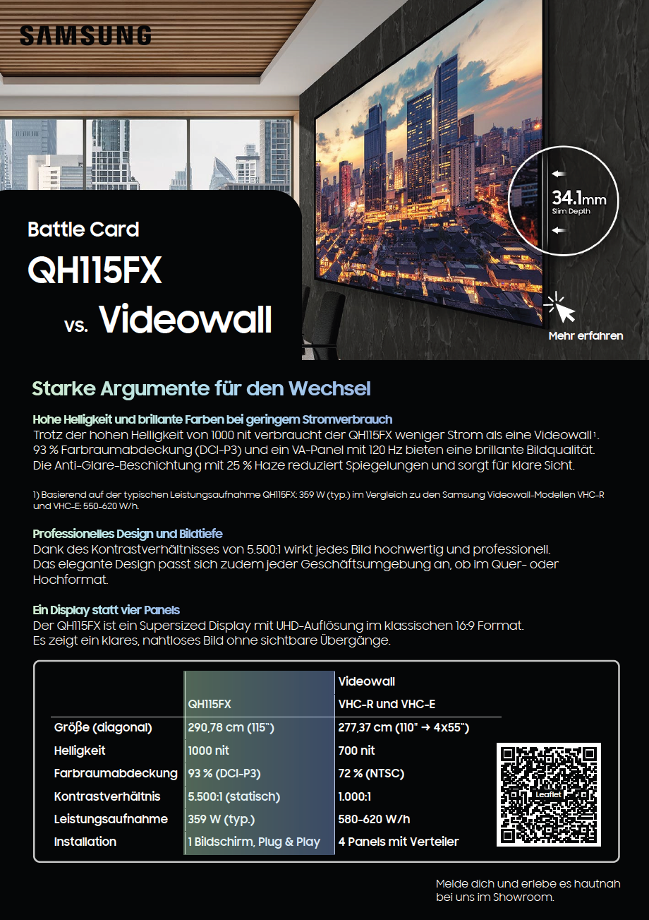 Samsung QH115FX | 115 Zoll | 1000 cd/m² | 4K UHD | 3840 x 2160 Pixel | 24/7 Display
